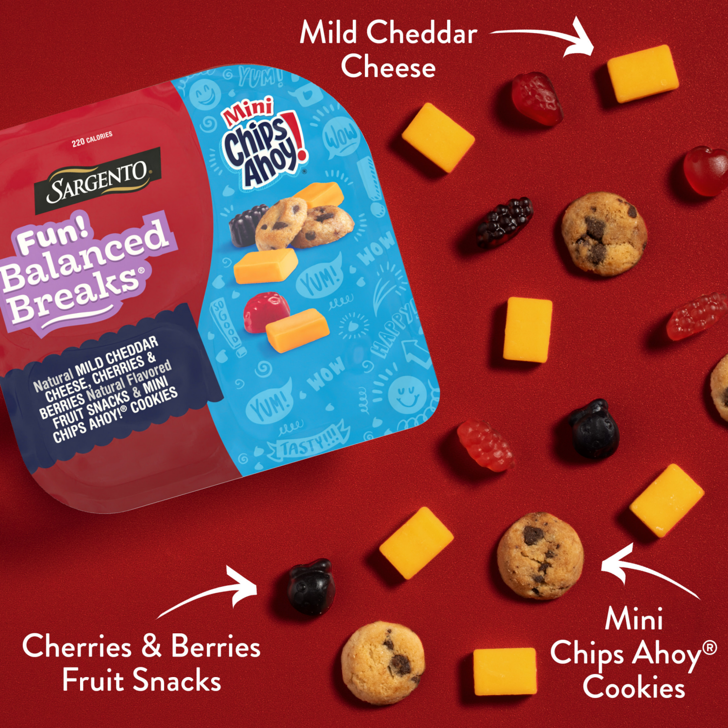 slide 7 of 8, Sargento Fun! Balanced Breaks Natural Mild Cheddar Cheese, Cherries & Berries Natural Flavored Fruit Snacks & Mini CHIPS AHOY! Cookies, 2-Pack, 2 ct