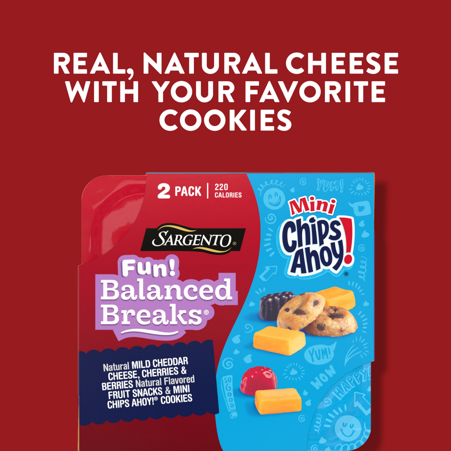 slide 8 of 8, Sargento Fun! Balanced Breaks Natural Mild Cheddar Cheese, Cherries & Berries Natural Flavored Fruit Snacks & Mini CHIPS AHOY! Cookies, 2-Pack, 2 ct