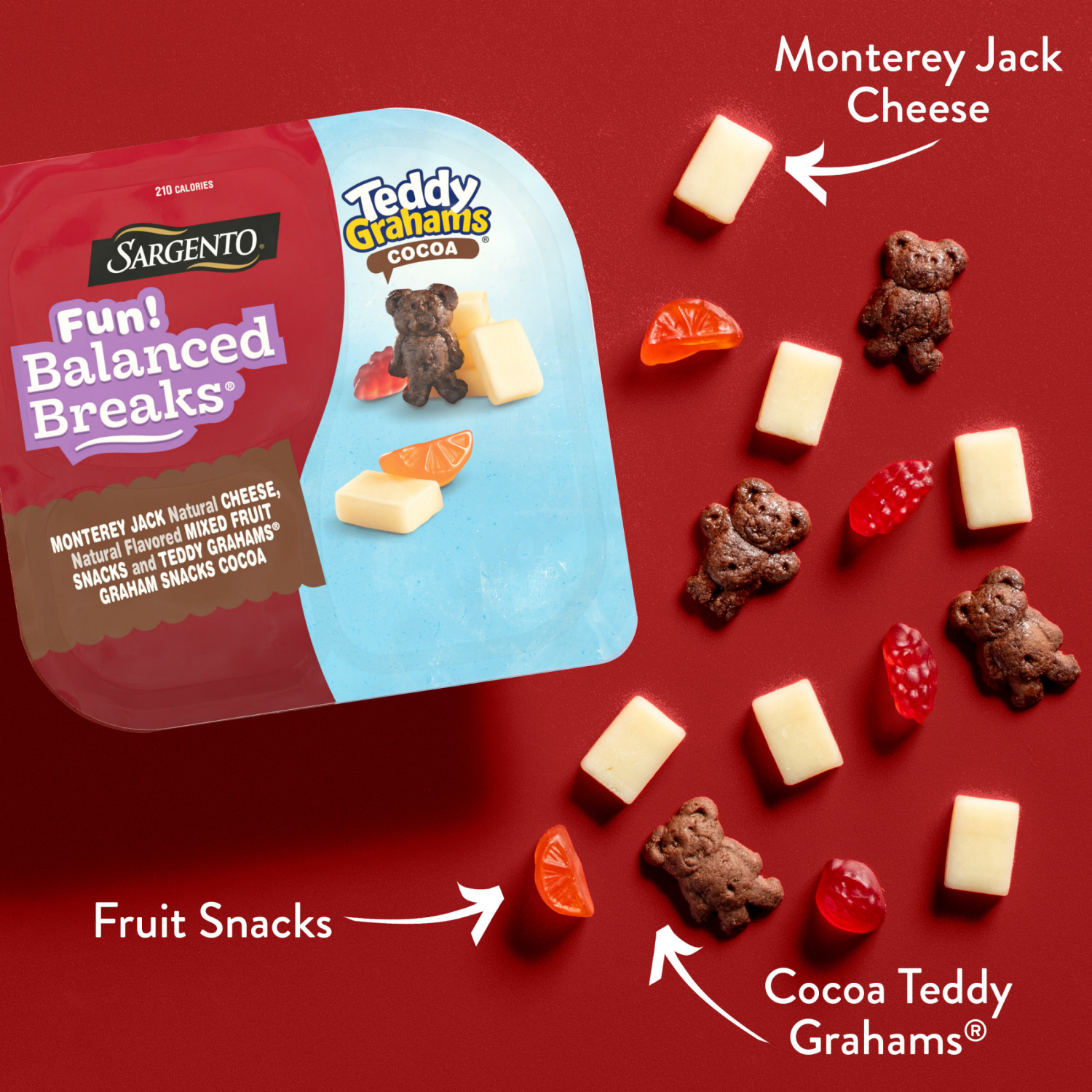 slide 7 of 8, Sargento Fun! Balanced Breaks Monterey Jack Natural Cheese, Natural Flavored Mixed Fruit Snacks & TEDDY GRAHAMS Graham Snacks Cocoa, 2 pack, 2 ct