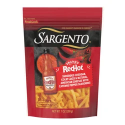 Sargento Frank’s Red Hot Cheddar, Colby Jack, and American Shredded Cheeses with Cayenne Pepper Seasoning, Traditional Cut, 7 oz.