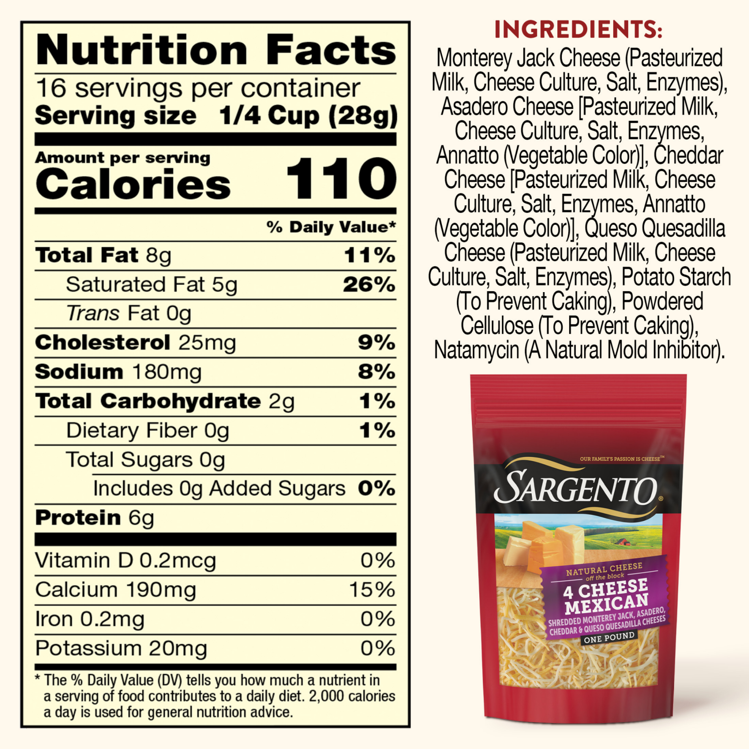 slide 8 of 8, Sargento Shredded 4 Cheese Mexican Natural Cheese, Fine Cut, 16 oz., 16 oz