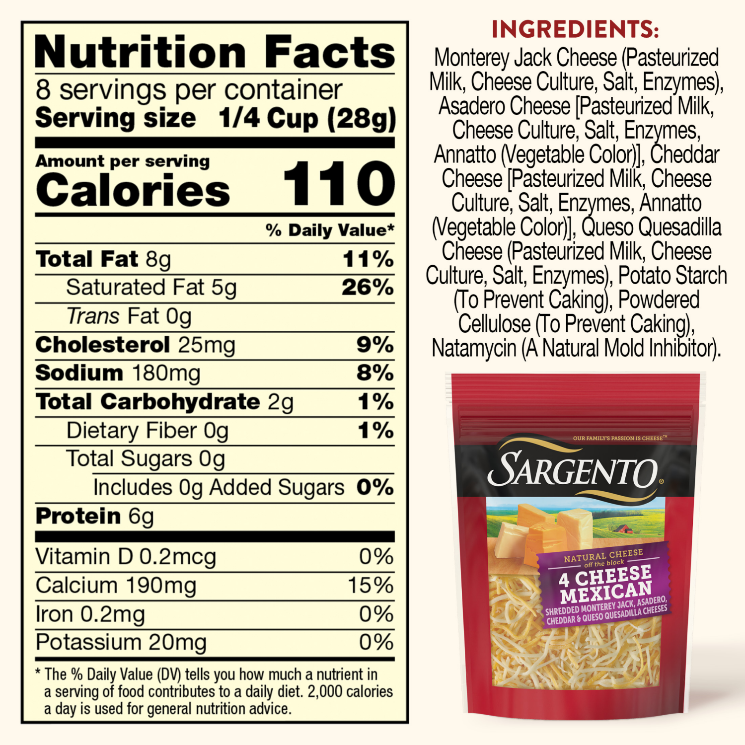 slide 8 of 8, Sargento Shredded 4 Cheese Mexican Natural Cheese, Fine Cut, 8 oz., 8 oz