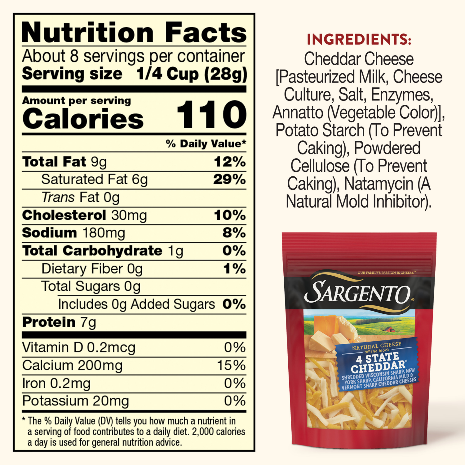 slide 8 of 8, Sargento Shredded 4 State Cheddar Natural Cheese, 7.5 oz., 7.78 oz