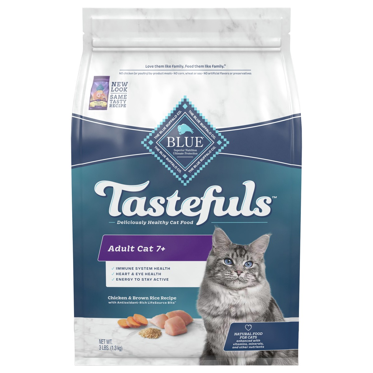 slide 5 of 6, Blue Buffalo Tastefuls Adult 7+ Natural Dry Cat Food, Chicken 3lb bag, 3 lb