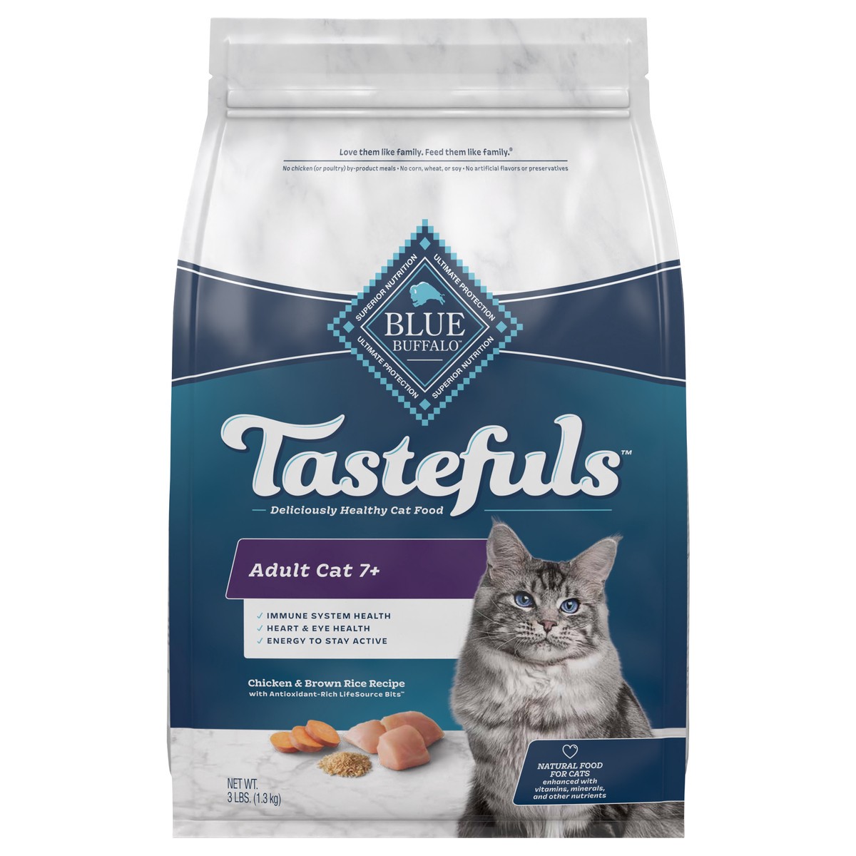 slide 1 of 6, Blue Buffalo Tastefuls Adult 7+ Natural Dry Cat Food, Chicken 3lb bag, 3 lb