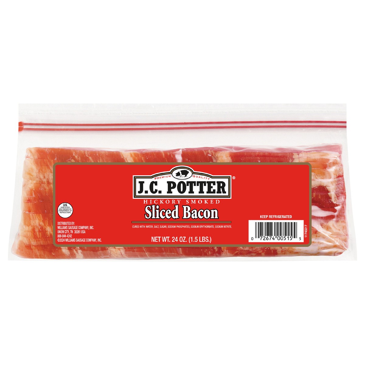 slide 3 of 9, J.C. Potter Hickory Smoked Sliced Slab Bacon, 1.5 lb