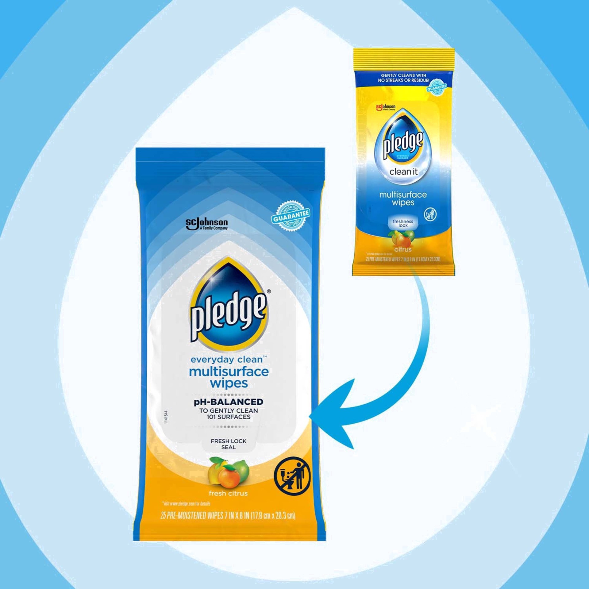 slide 91 of 101, Pledge Multisurface Cleaning Wipes, pH Balanced, Fresh Citrus, 25 Count, 25 ct