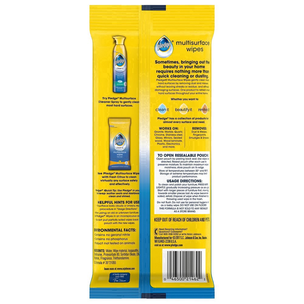 slide 87 of 101, Pledge Multisurface Cleaning Wipes, pH Balanced, Fresh Citrus, 25 Count, 25 ct