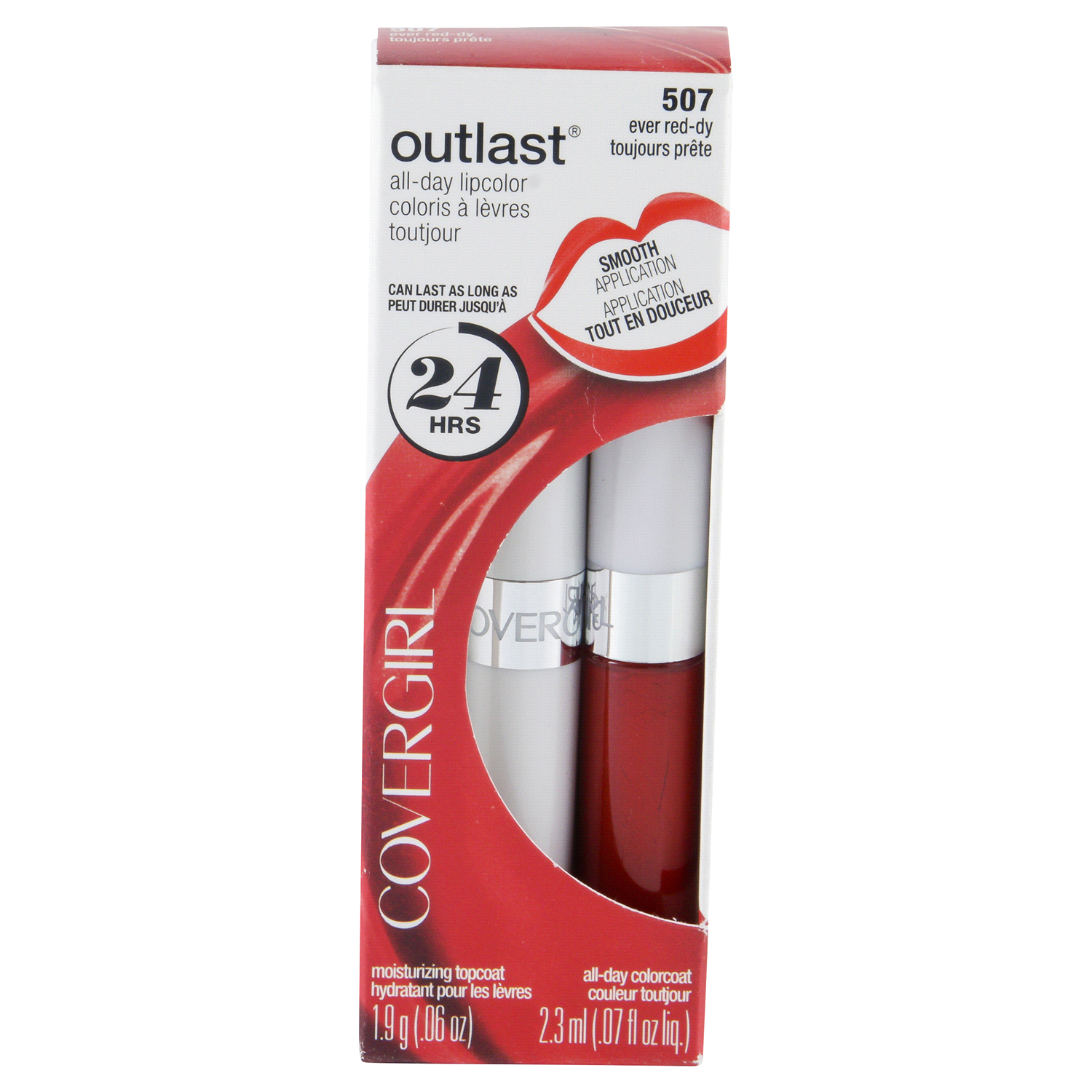slide 1 of 3, Covergirl Outlast All-Day Lip Color With Topcoat, Ever Red-Dy 507,1.9g 0.06 oz/ 2.3ml 0.07 fl oz, 0.06 oz