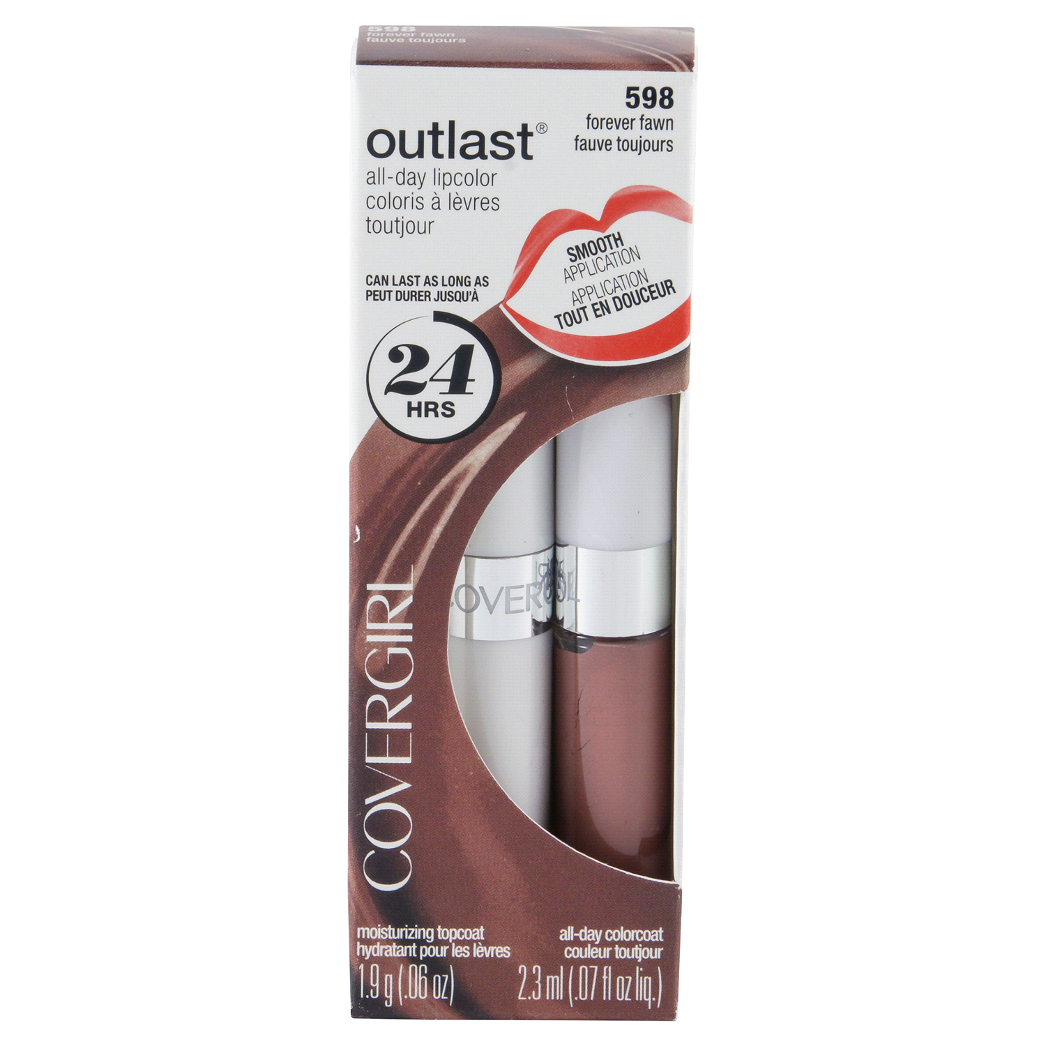 slide 1 of 3, Covergirl Outlast All-Day Lip Color With Topcoat, Forever Fawn 598, 1.9g 0.06 oz/ 2.3ml 0.07 fl oz, 0.06 oz