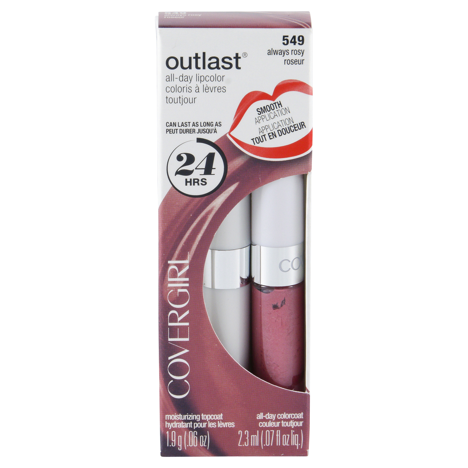 slide 1 of 3, Covergirl Outlast All-Day Lip Color With Topcoat, Always Rosy 549, 1.9g 0.06 oz/ 2.3ml 0.07 fl oz, 0.06 oz