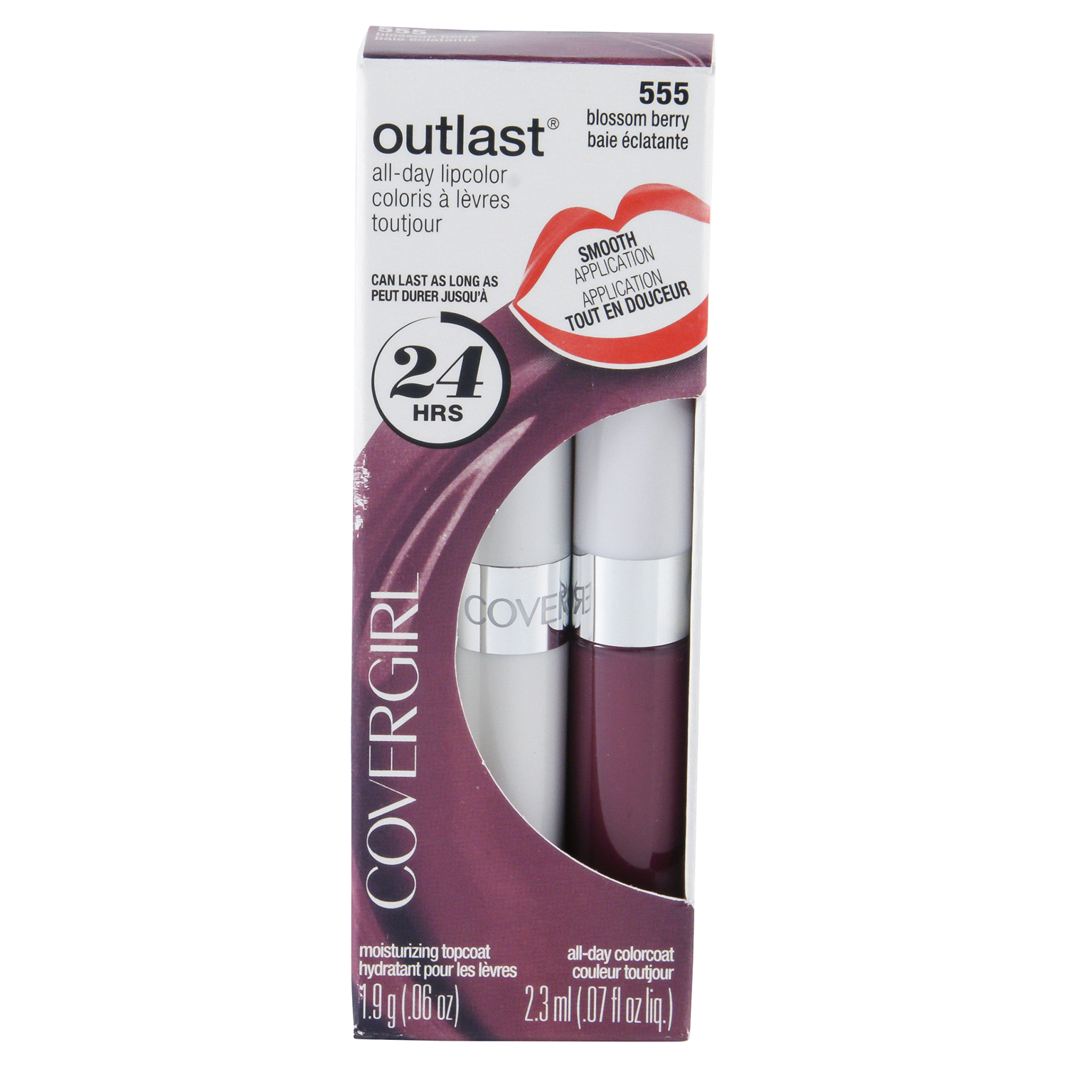 slide 1 of 3, Covergirl Outlast All-Day Lip Color With Topcoat, Blossom Berry 555, 1.9g 0.06 oz/ 2.3ml 0.07 fl oz, 0.06 oz