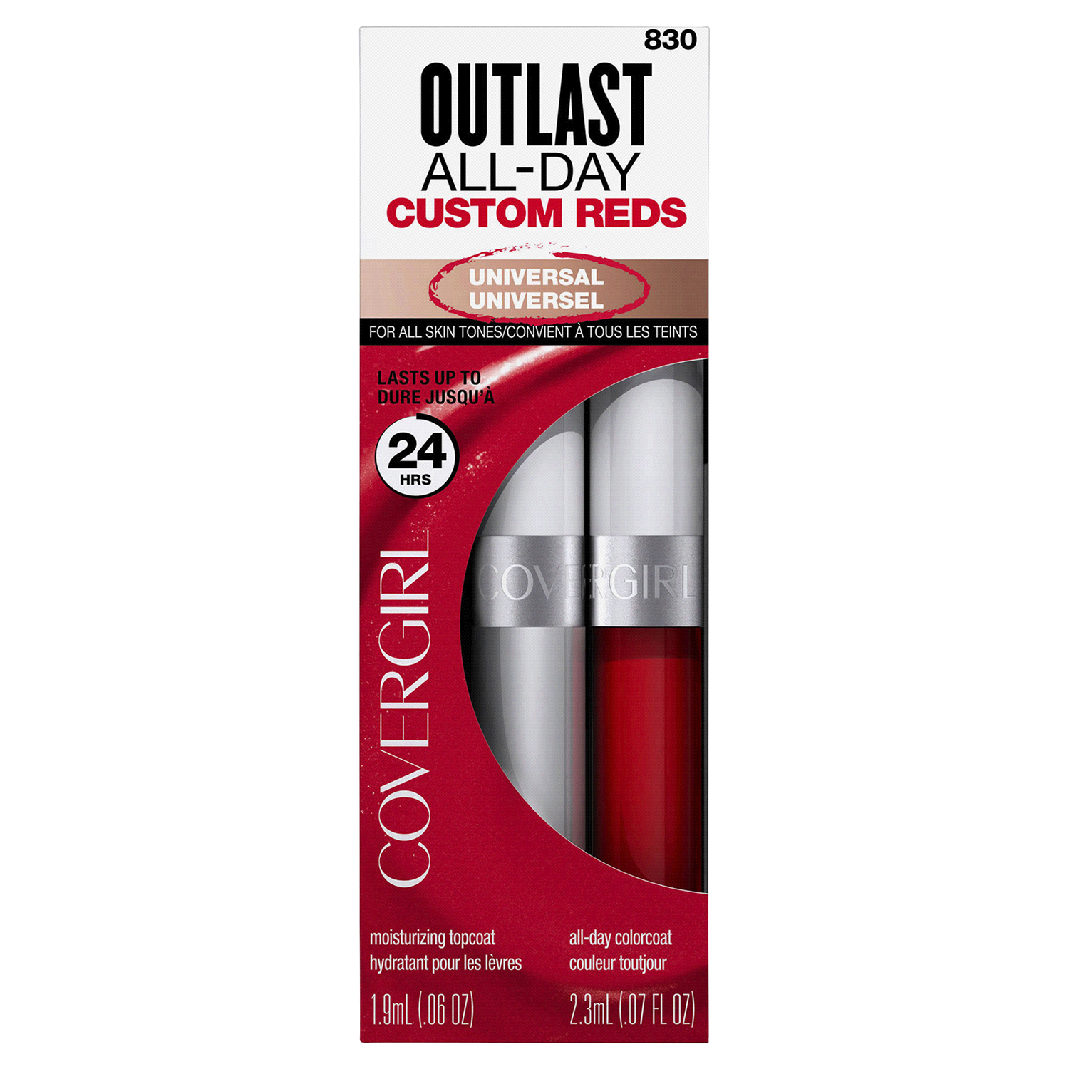 slide 1 of 2, Covergirl Outlast All-Day Lip Color With Topcoat, Your Classic Red 830, 1.9g 0.06 oz/ 2.3ml 0.07 fl oz, 2.30 mL