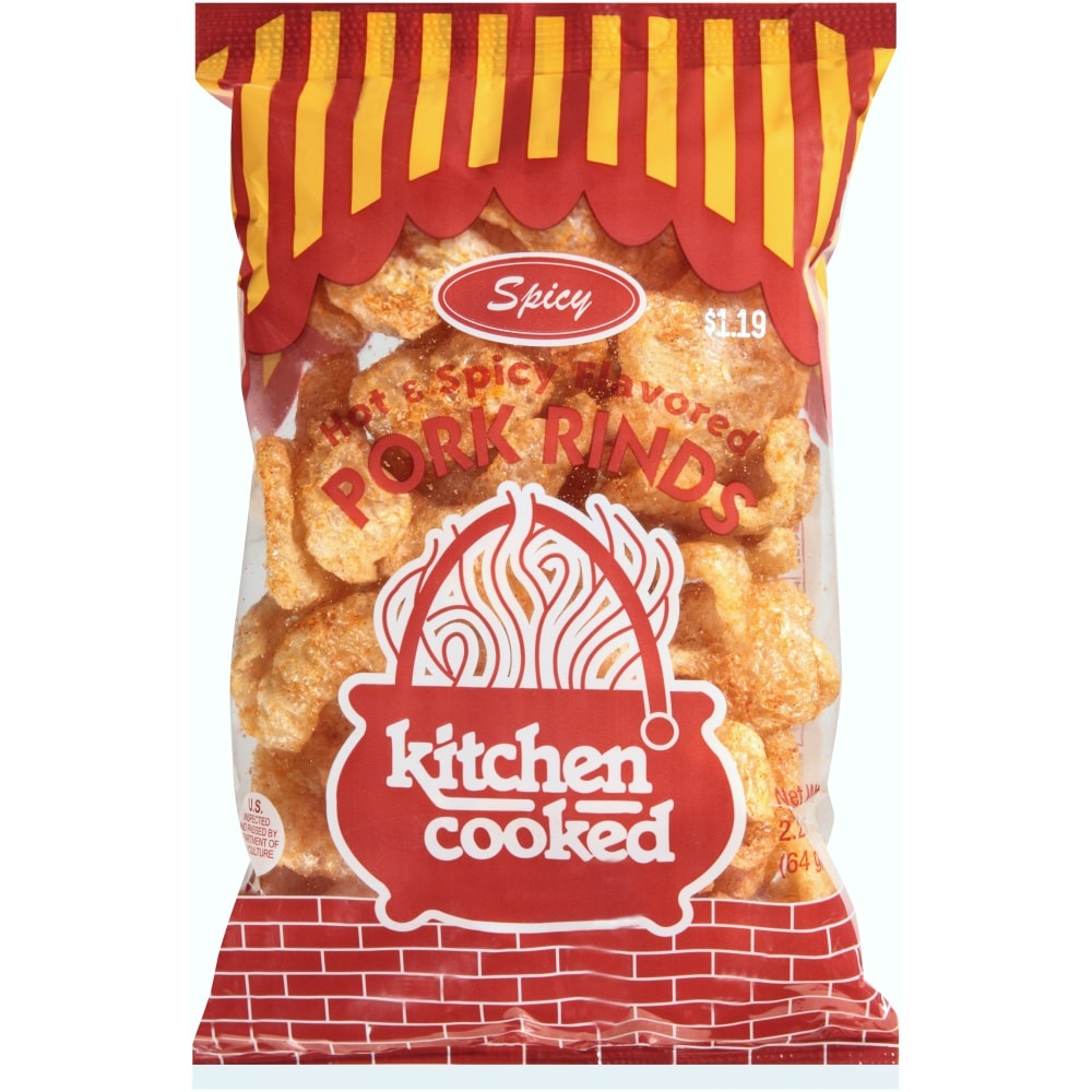 slide 1 of 1, Kitchen Cooked Hot & Spicy Flavored Pork Rinds, 2.25 oz