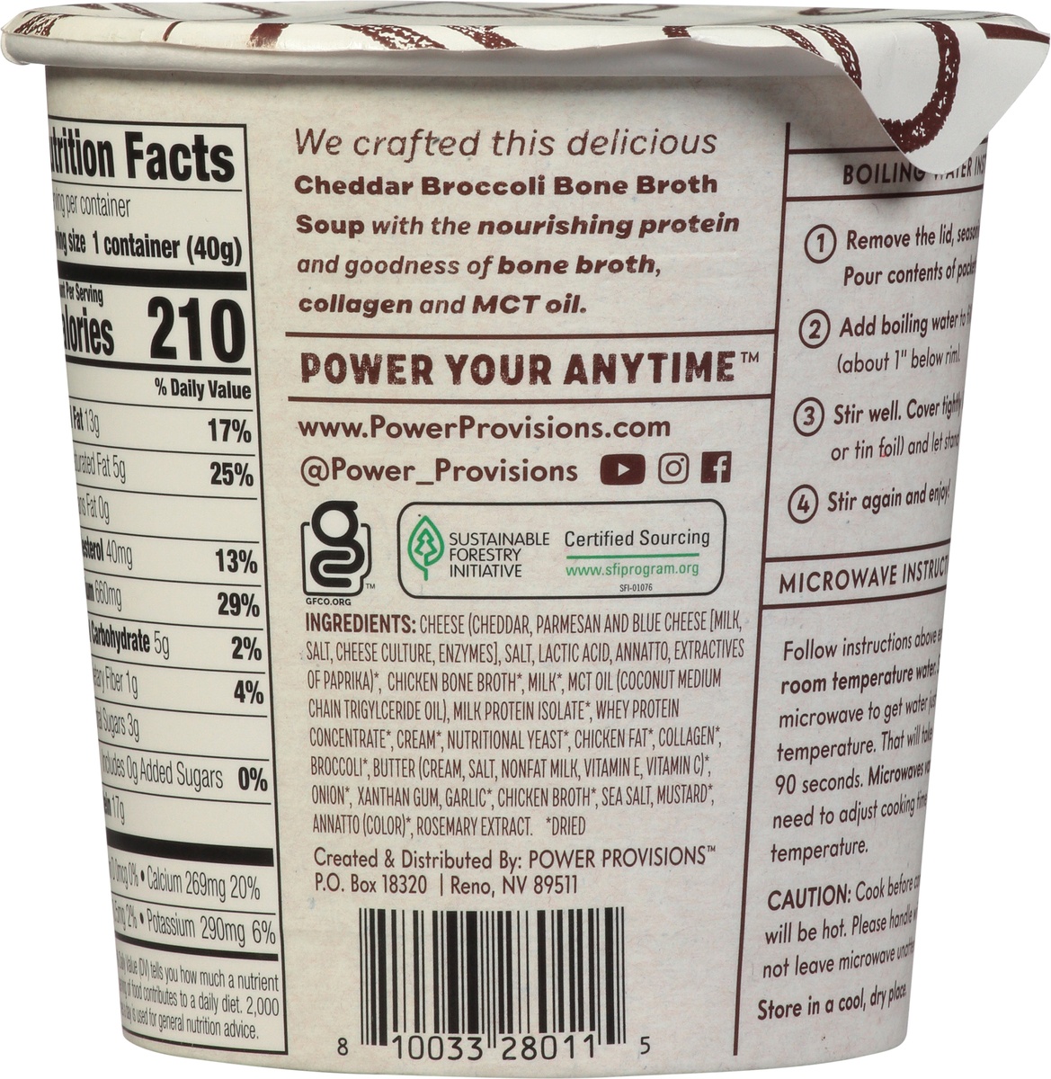 slide 10 of 11, Power Provisions Bone Broth Soup Cheddardar Broccoli, 1.4 oz