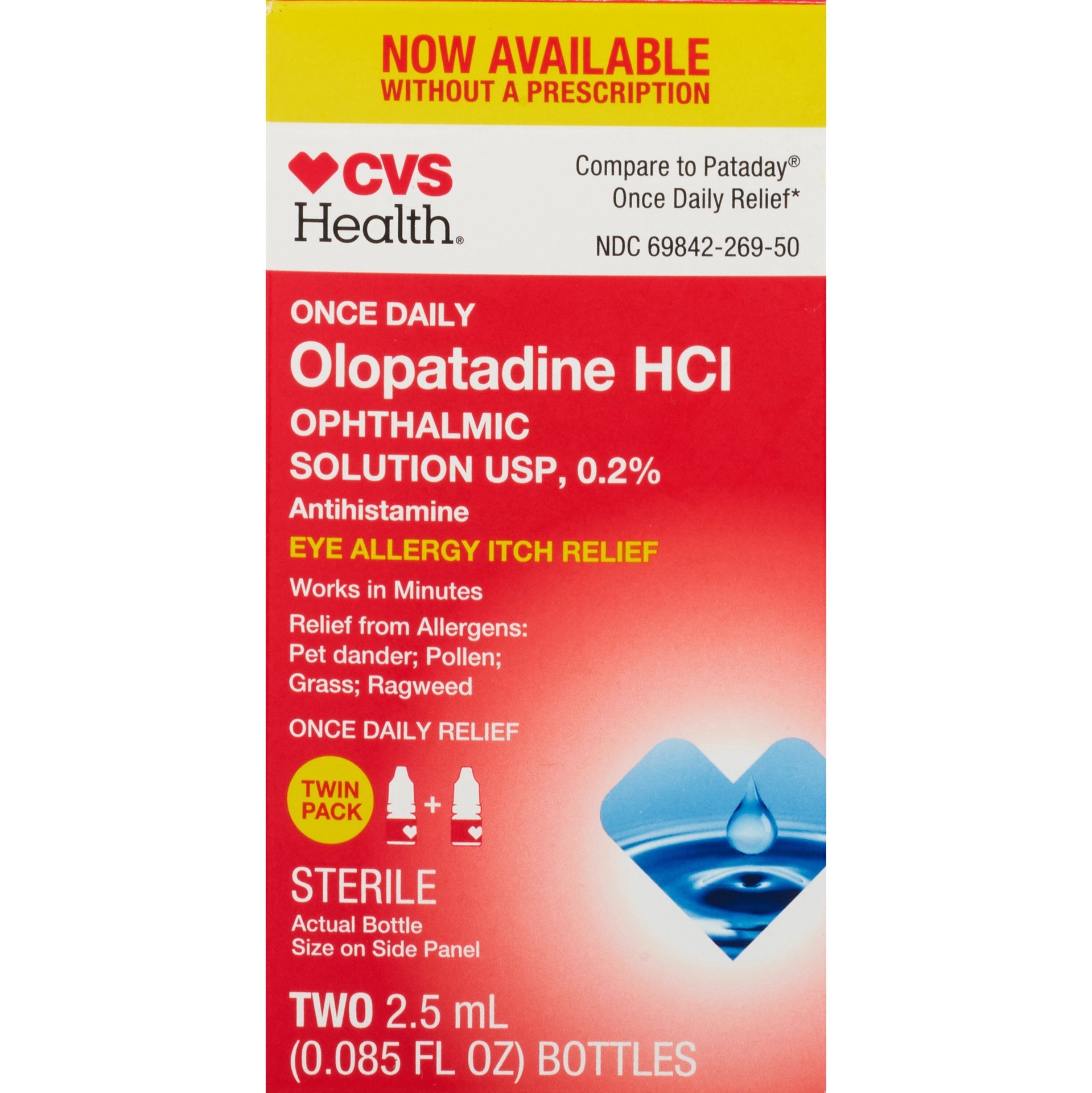 slide 1 of 1, CVS Health Eye Allergy Itch Relief - Olopatadine Hydrochloride Ophthalmic Solution Usp, 0.2%, 2.5 Ml (Twin Pack), 085 oz