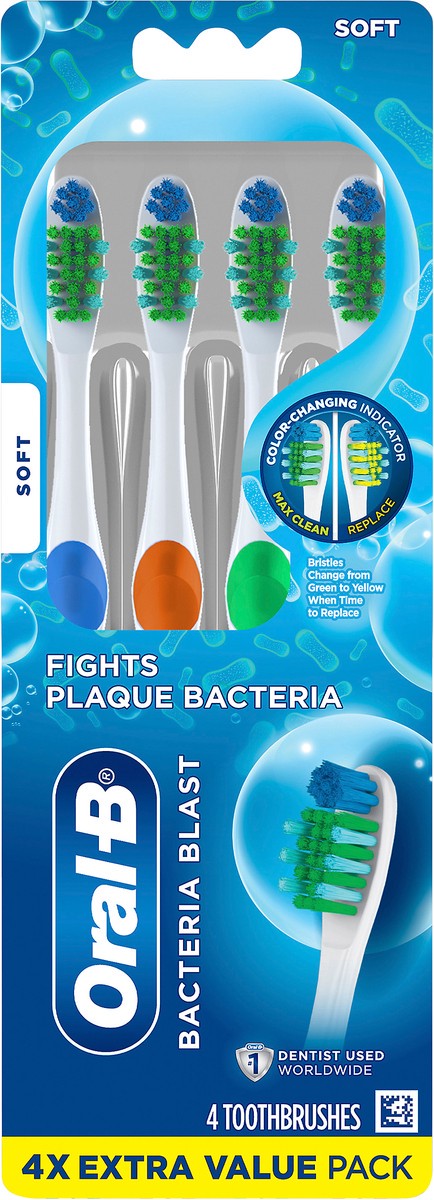 slide 1 of 3, Oral-B Bacteria Blast 4X Extra Value Pack Soft Toothbrushes 4 ea, 4 ct