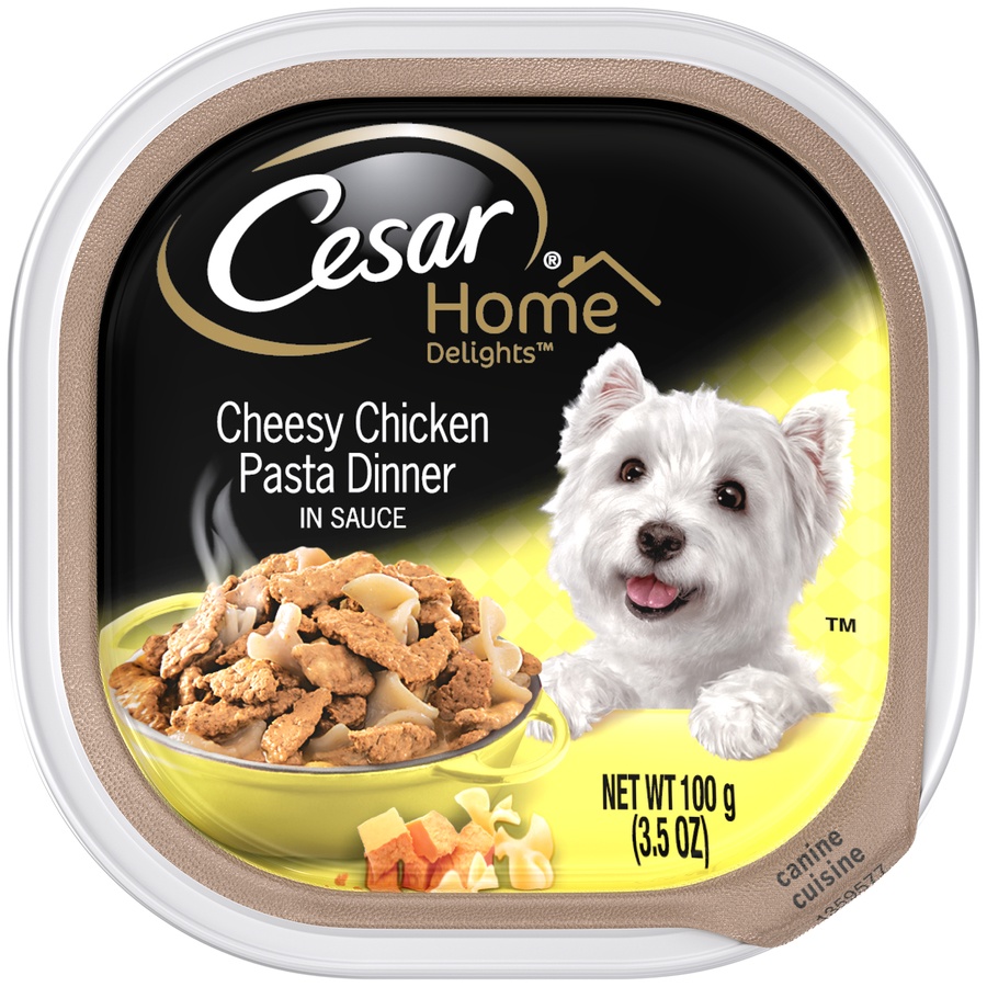 slide 1 of 1, CESAR HOME DELIGHTS Cheesy Chicken Pasta Dinner in Sauce Wet Dog Food Tray, 3.5 oz