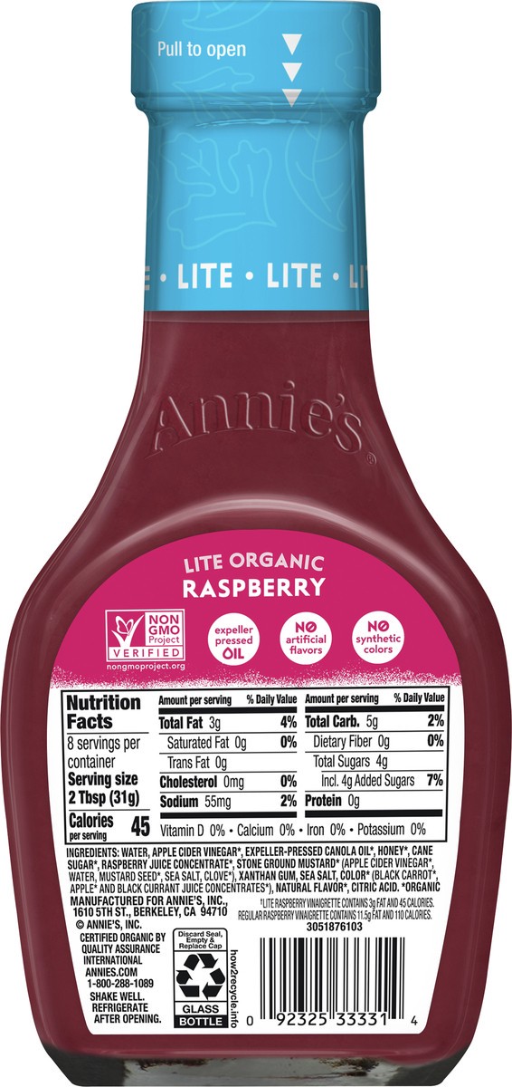 slide 5 of 9, Annie's Organic Lite Raspberry Vinaigrette Salad Dressing, Non-GMO, 8 fl. oz., 8 fl oz