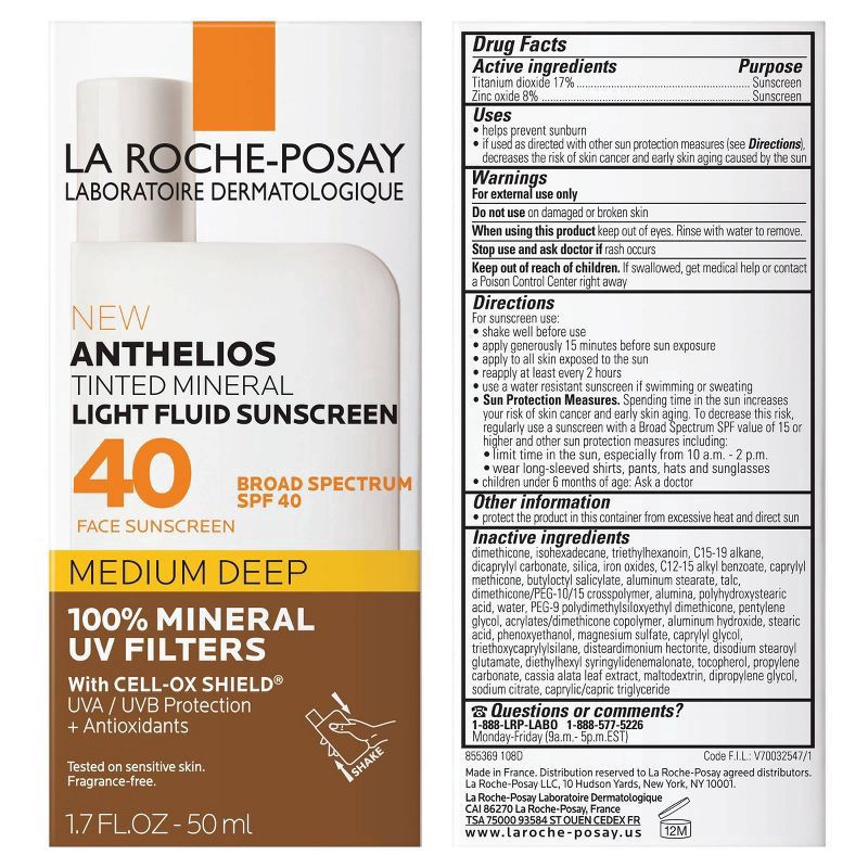 slide 3 of 8, La Roche-Posay Anthelios 40 Tinted Mineral Light-Fluid Sunscreen - 1.7 fl oz - Medium Deep, 1.7 fl oz
