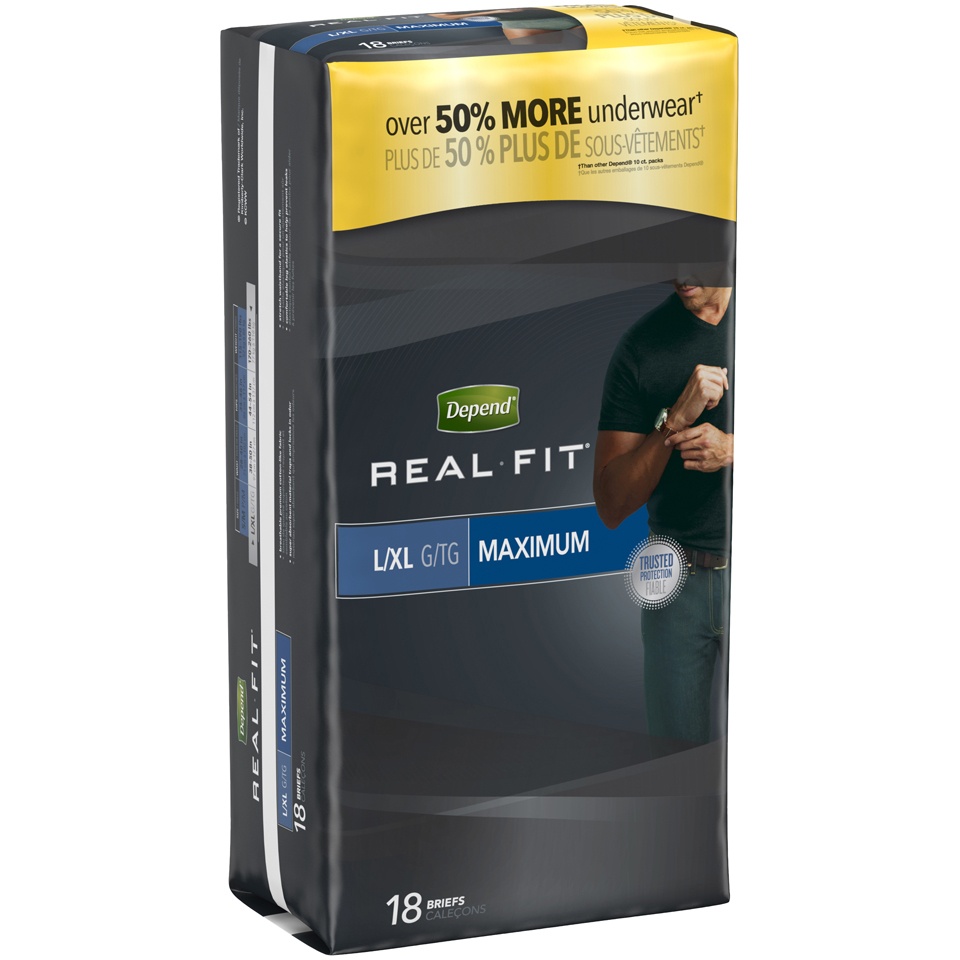 slide 2 of 3, Depend Real Fit Briefs for Men L/XL, 18 ct