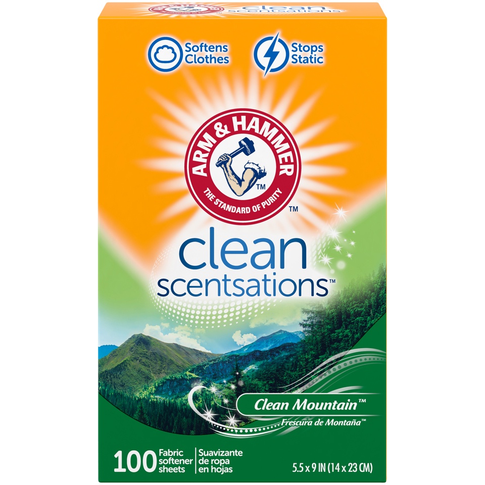 slide 2 of 4, ARM & HAMMER Fresh'n Soft Clean Mountain Fabric Softener Sheets, 100 ct