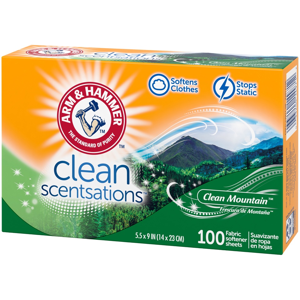 slide 4 of 4, ARM & HAMMER Fresh'n Soft Clean Mountain Fabric Softener Sheets, 100 ct