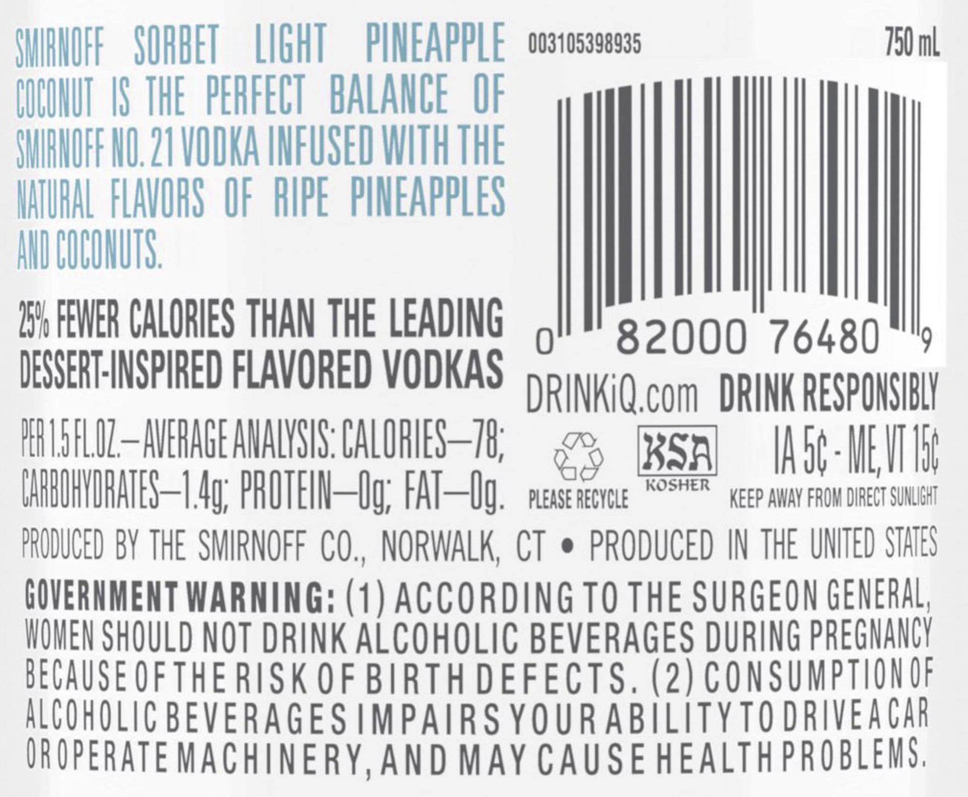 slide 3 of 5, Smirnoff Sorbet Light Pineapple Coconut Vodka, 750 ml