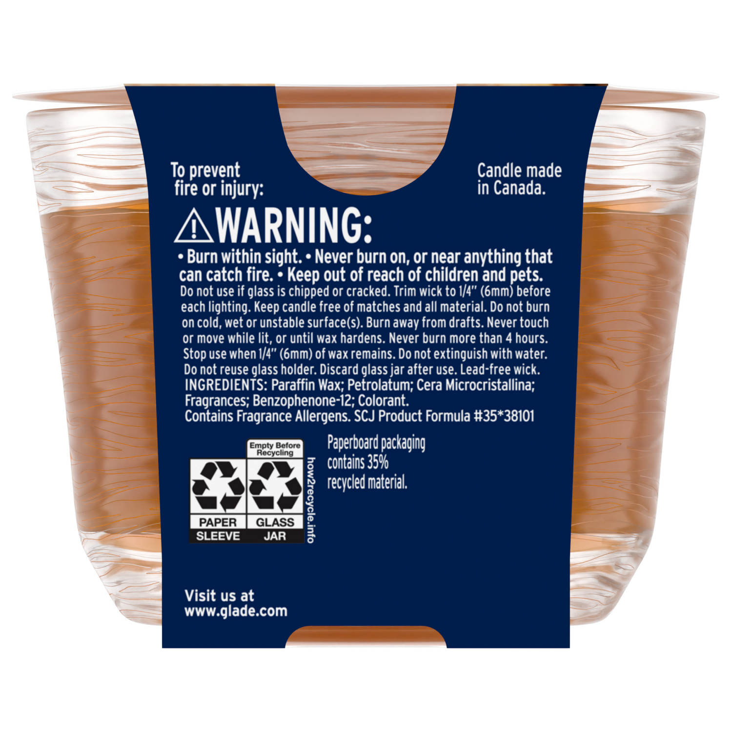 slide 2 of 8, Glade Candle Comforting Cashmere Woods Scent, 3-Wick, 6.8 oz (193 g), 1 Count, Fragrance Infused with Essential Oils, Notes of Jasmine Petals, Creamy Sandalwood, Musk, Lead-Free Wick Scented Candles, 1 ct