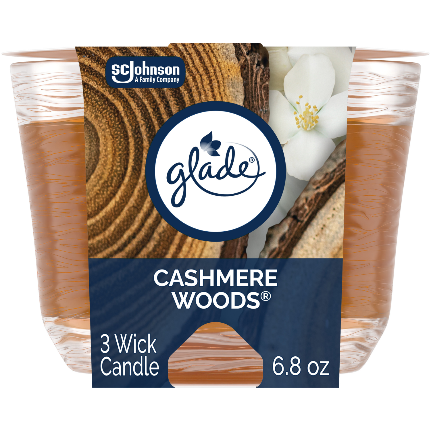 slide 1 of 8, Glade Candle Comforting Cashmere Woods Scent, 3-Wick, 6.8 oz (193 g), 1 Count, Fragrance Infused with Essential Oils, Notes of Jasmine Petals, Creamy Sandalwood, Musk, Lead-Free Wick Scented Candles, 1 ct