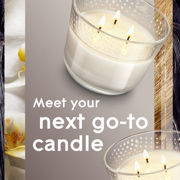 slide 21 of 29, Glade Candle Alluring Sheer Vanilla Embrace Scent, 3-Wick, 6.8 oz (193 g), 1 Count, Fragrance Infused with Essential Oils, Notes of Vanilla Blossom, White Orchid, Sandalwood, Lead-Free Wick Scented Candles, 6.8 oz