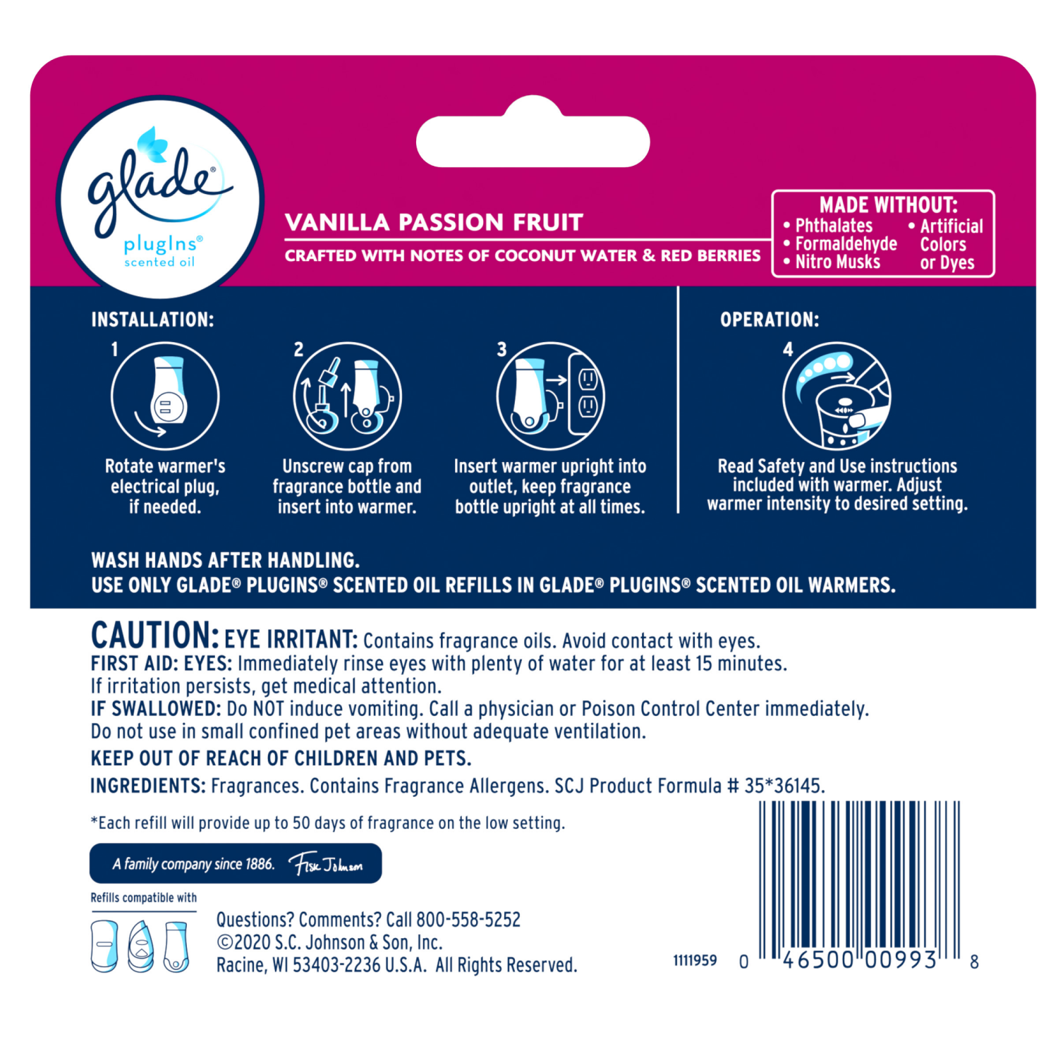 slide 2 of 8, Glade PlugIns Scented Oil Refill Vanilla Passion Fruit, Essential Oil Infused Wall Plug In, 3.35 FL OZ, Pack of 5, 5 ct
