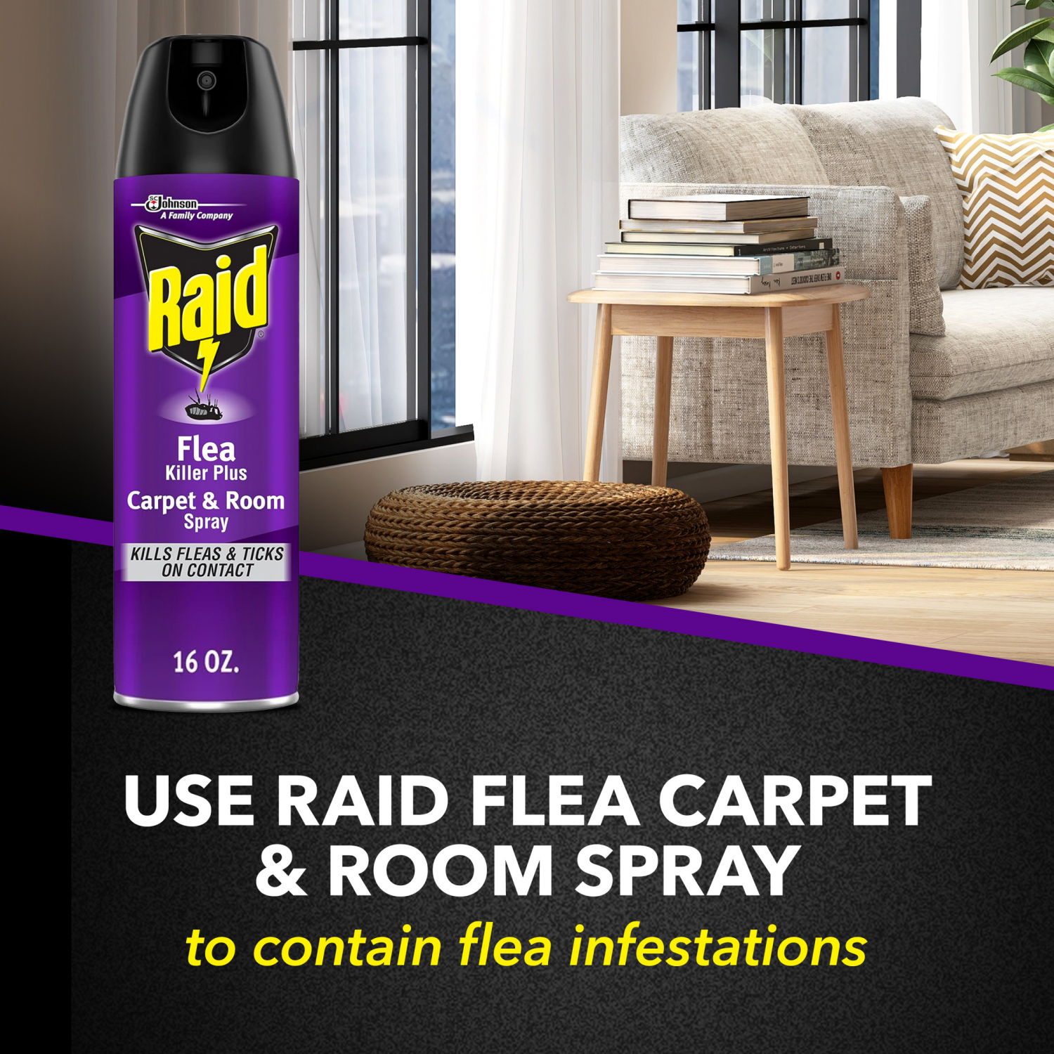 slide 7 of 8, Raid Flea Killer Plus Carpet & Room Spray Kills Fleas & Flea Eggs for Up to 4 Weeks, 16 oz, 16 oz