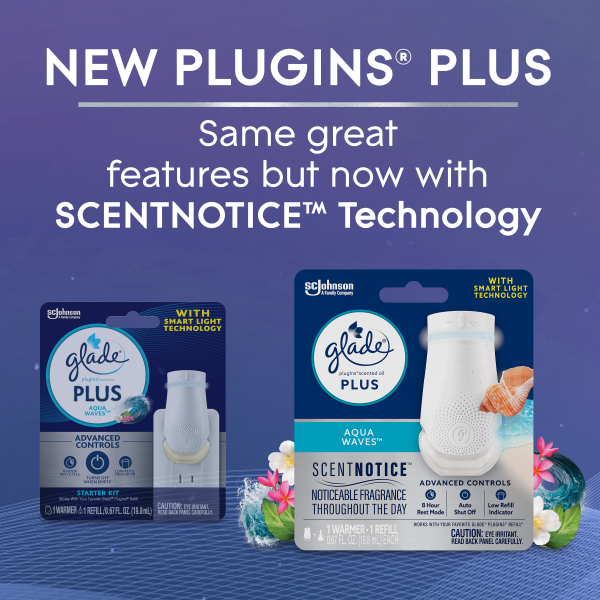 slide 8 of 29, Glade PlugIns Scented Oil PLUS, Air Freshener Oil Warmer and Refill, Aqua Waves™, with ScentNotice Technology, 0.67 fl oz