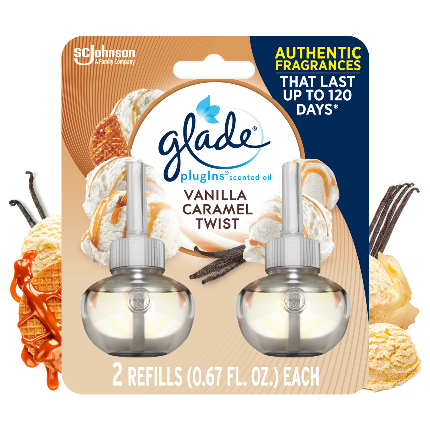 slide 1 of 8, Glade PlugIns Scented Oil 2 Refills, Air Freshener, Vanilla Caramel Twist, 2 x 0.67 oz, 2 ct