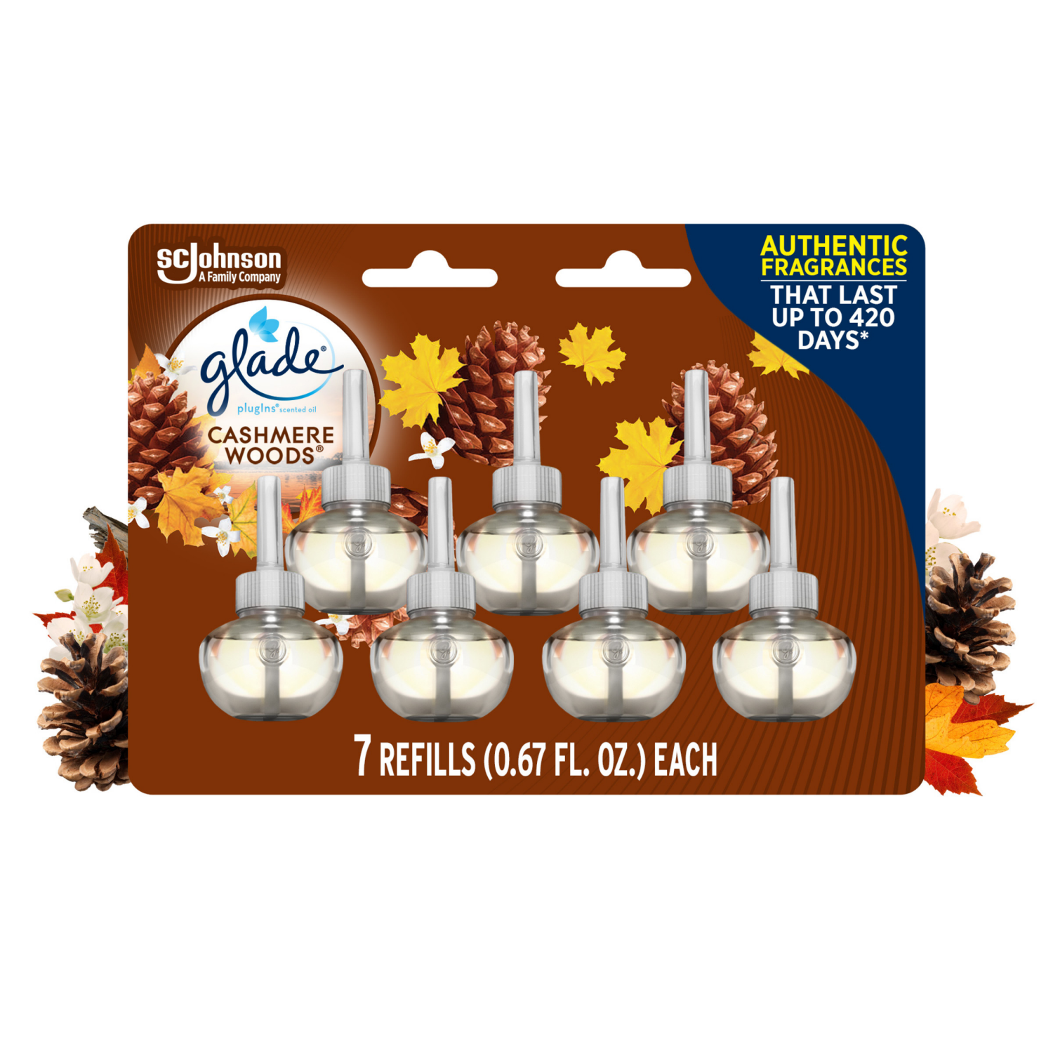 slide 1 of 8, Glade PlugIns Scented Oil Refill Cashmere Woods, Essential Oil Infused Wall Plug In, 4.69 fl oz, Pack of 7, 7 ct