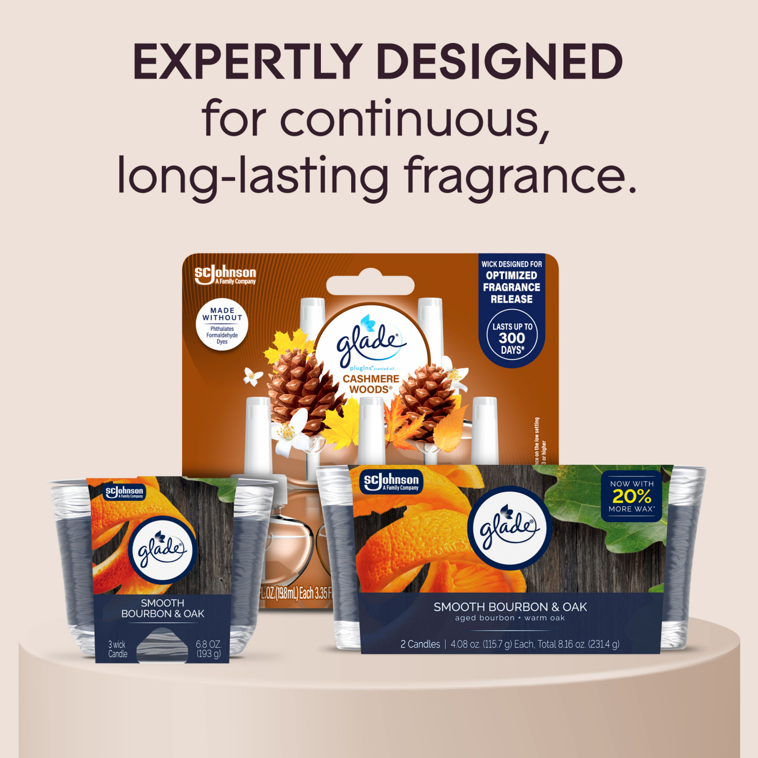 slide 6 of 8, Glade 3-Wick Candle, Smooth Bourbon & Oak, 6.8 Oz, 1 Count, 6.80 oz