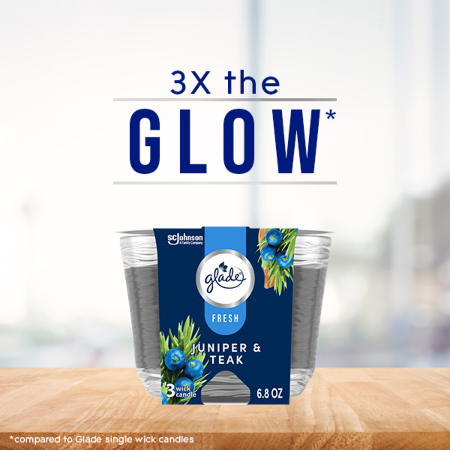 slide 5 of 5, Glade 3-Wick Candle, Juniper & Teak, Fresh Collection, 6.8oz, 3 ct