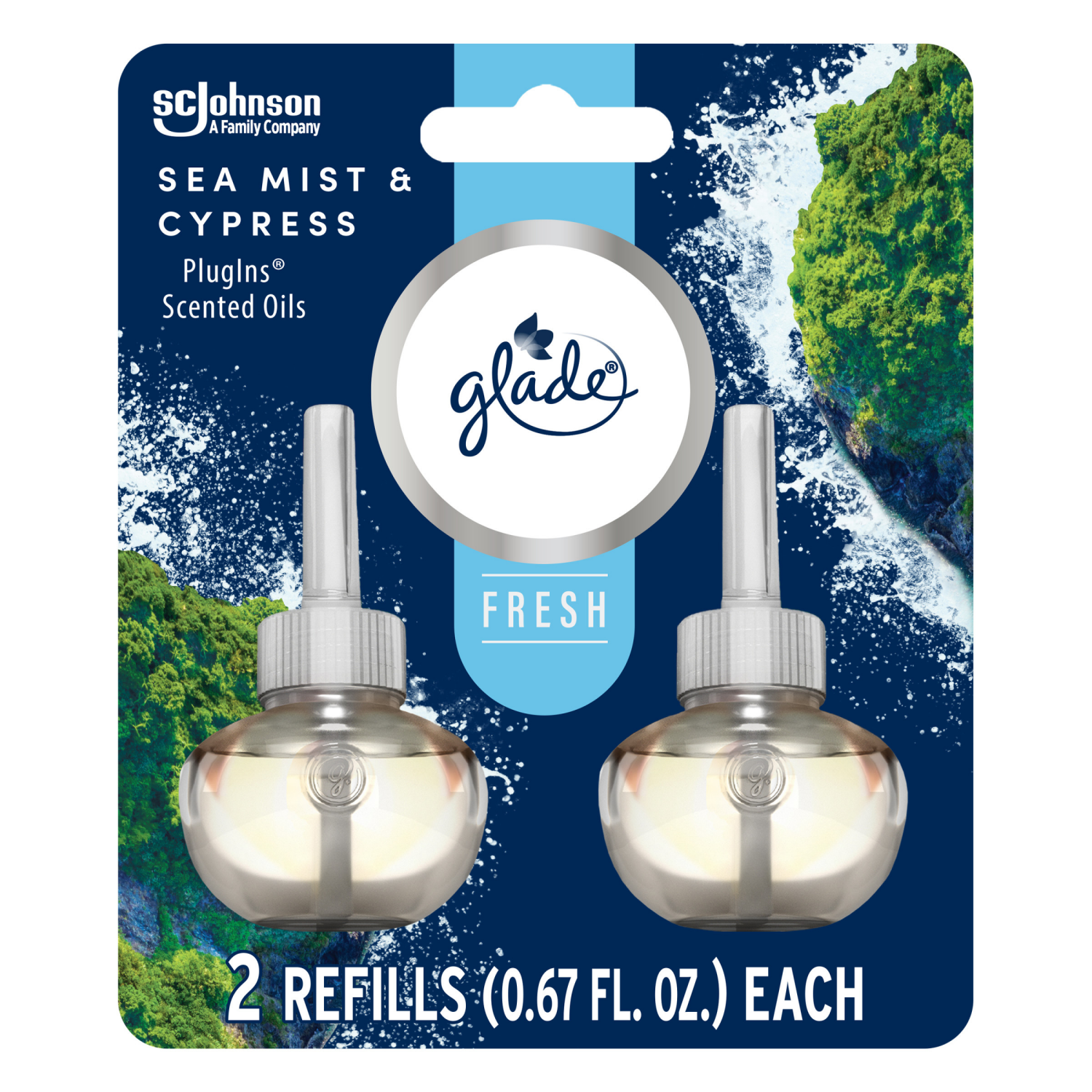 slide 1 of 5, Glade PlugIns Scented Oils Air Freshener Refills, Sea Mist & Cypress, Fresh Collection, 0.67 fl oz Each, 2 Refills, 2 ct
