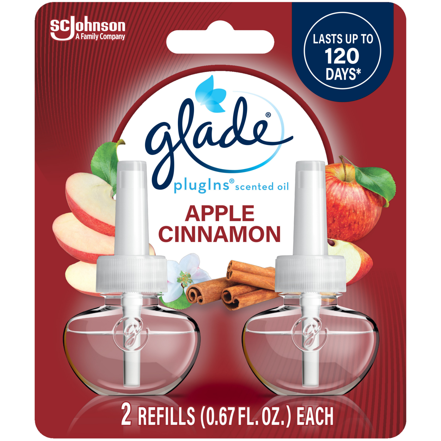 slide 1 of 8, Glade PlugIns Scented Oil 2 Refills, Air Freshener, Apple Cinnamon, Essential Oil Infused Wall Plug In, 1.34 FL OZ, Pack of 2, 2 ct