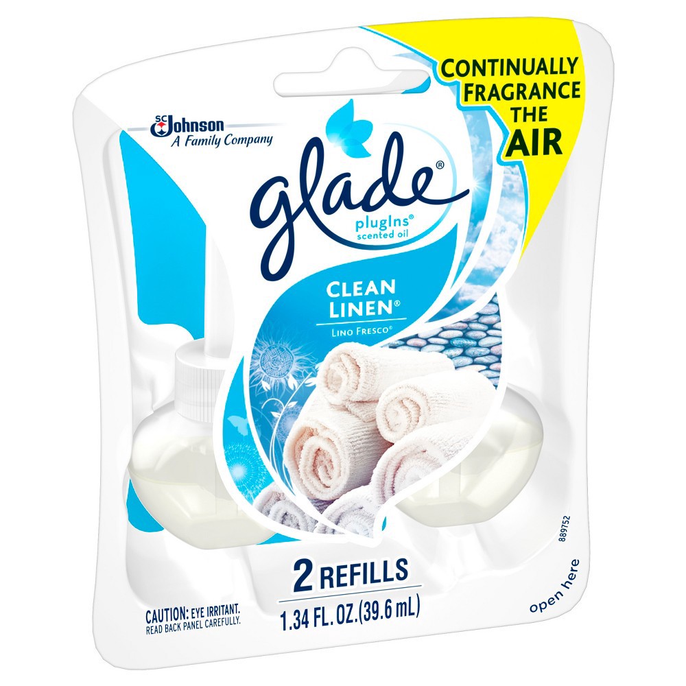 slide 6 of 7, Glade PlugIns Scented Oil 2 Refills, Air Freshener, Clean Linen, Essential Oil Infused Wall Plug In, 1.34 FL OZ, Pack of 2, 2 ct