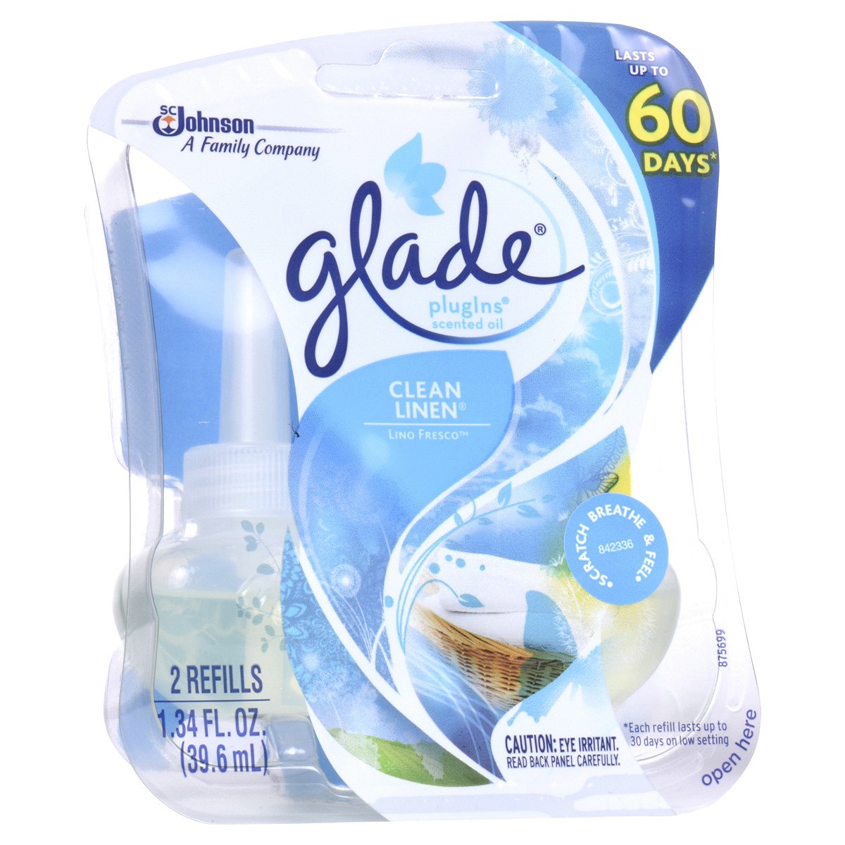 slide 2 of 7, Glade PlugIns Scented Oil 2 Refills, Air Freshener, Clean Linen, Essential Oil Infused Wall Plug In, 1.34 FL OZ, Pack of 2, 2 ct