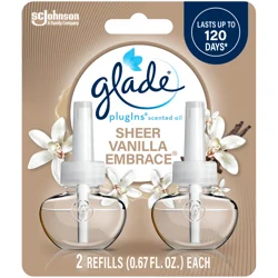 Glade PlugIns Scented Oil 2 Refills, Air Freshener, Sheer Vanilla Embrace, Essential Oil Infused Wall Plug In, 1.34 FL OZ, Pack of 2