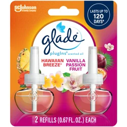 Glade PlugIns Scented Oil 2 Refills, Air Freshener, Hawaiian Breeze & Vanilla Passion Fruit, Essential Oil Infused Wall Plug In, 1.34 FL OZ, Pack of 2