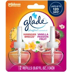 Glade PlugIns Scented Oil 2 Refills, Air Freshener, Hawaiian Breeze & Vanilla Passion Fruit, Essential Oil Infused Wall Plug In, 1.34 FL OZ, Pack of 2