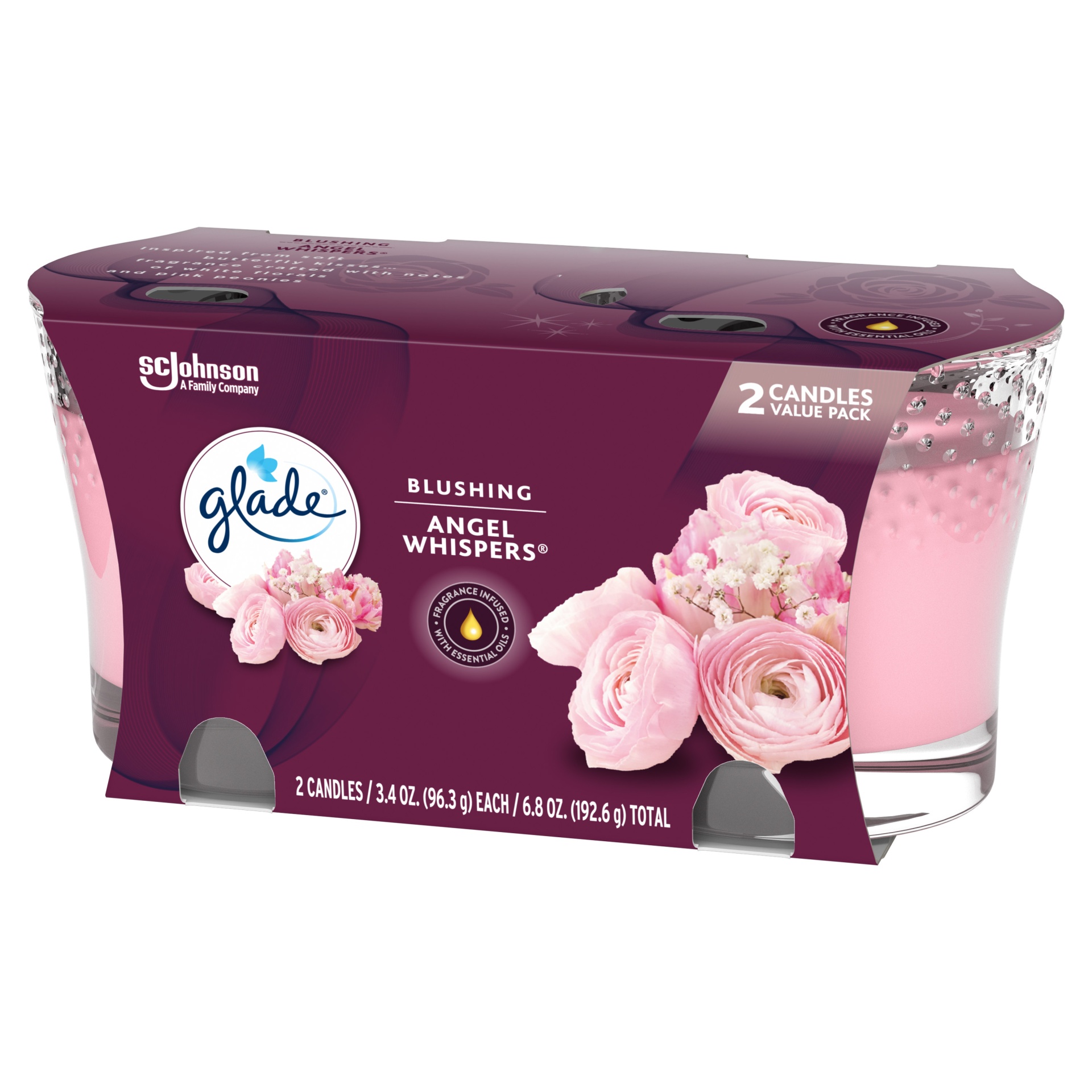 slide 3 of 6, Glade Candle Angel Whispers Scent, 1-Wick, 3.4 oz (96.3 g) Each, 2 Counts, Fragrance Infused with Essential Oils, Notes of Bulgarian Rose, Peach, White Floral Bouquet, Lead-Free Wick Scented Candles, 2 ct; 3.4 oz