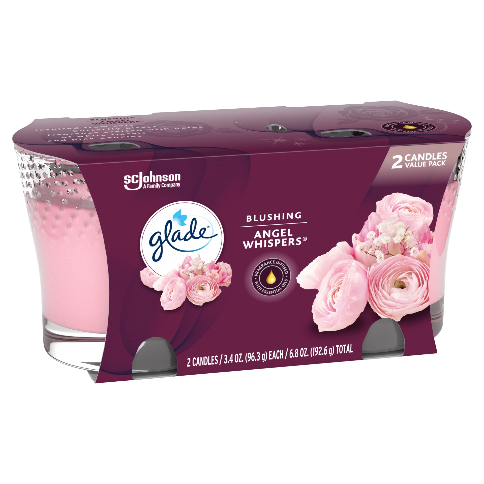 slide 4 of 6, Glade Candle Angel Whispers Scent, 1-Wick, 3.4 oz (96.3 g) Each, 2 Counts, Fragrance Infused with Essential Oils, Notes of Bulgarian Rose, Peach, White Floral Bouquet, Lead-Free Wick Scented Candles, 2 ct; 3.4 oz