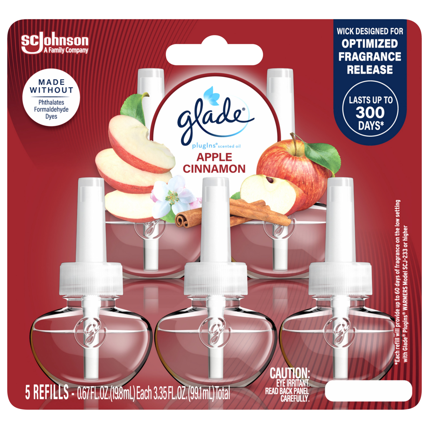 slide 4 of 8, Glade PlugIns Scented Oil 5 Refills, Air Freshener, Apple Cinnamon, Essential Oil Infused Wall Plug In, 3.35 FL OZ, Pack of 5, 5 ct