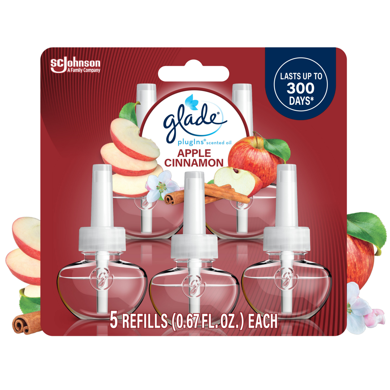 slide 1 of 8, Glade PlugIns Scented Oil 5 Refills, Air Freshener, Apple Cinnamon, Essential Oil Infused Wall Plug In, 3.35 FL OZ, Pack of 5, 5 ct
