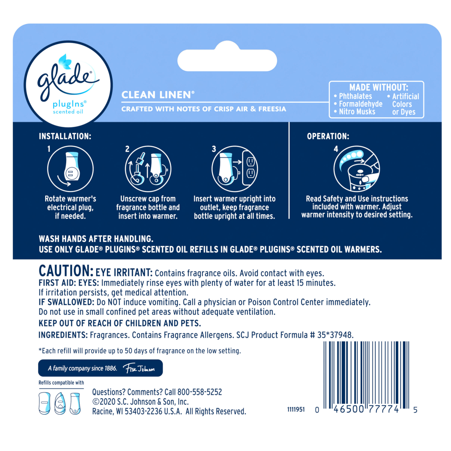 slide 2 of 8, Glade PlugIns Scented Oil 5 Refills, Air Freshener, Clean Linen™, Essential Oil Infused Wall Plug In, 1.34 FL OZ, Pack of 5, 5 ct